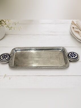 VINTAGE METAL SERVING TRAY WITH BLUE CERAMIC HANDLES